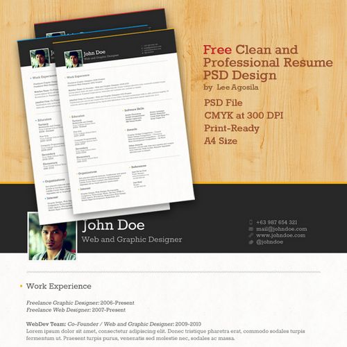 Free Clean and Professional Resume / CV PSD Template