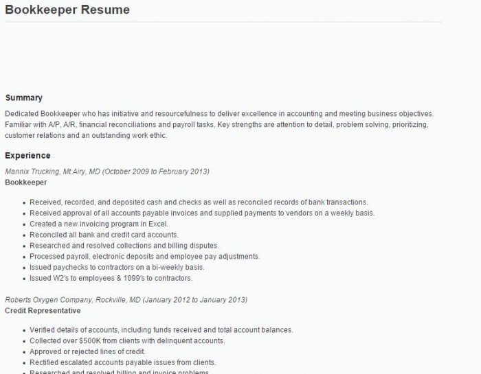 Bookkeeper Resume Sample 3